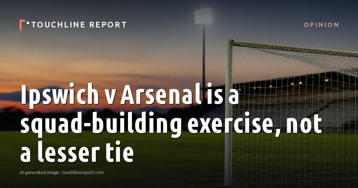 Illustration for the Opinion article “Ipswich v Arsenal is a squad-building exercise, not a lesser tie”: an AI-generated editorial illustration showing an empty training ground at dawn with cones and markers laid out, with the headline set over it. Illustrative only, not a photograph of a real event.