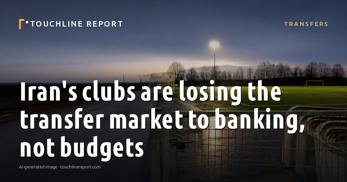 Illustration for the Transfers article “Iran's clubs are losing the transfer market to banking, not budgets”: an AI-generated editorial illustration showing an empty training ground at dawn with cones and markers laid out, with the headline set over it. Illustrative only, not a photograph of a real event.
