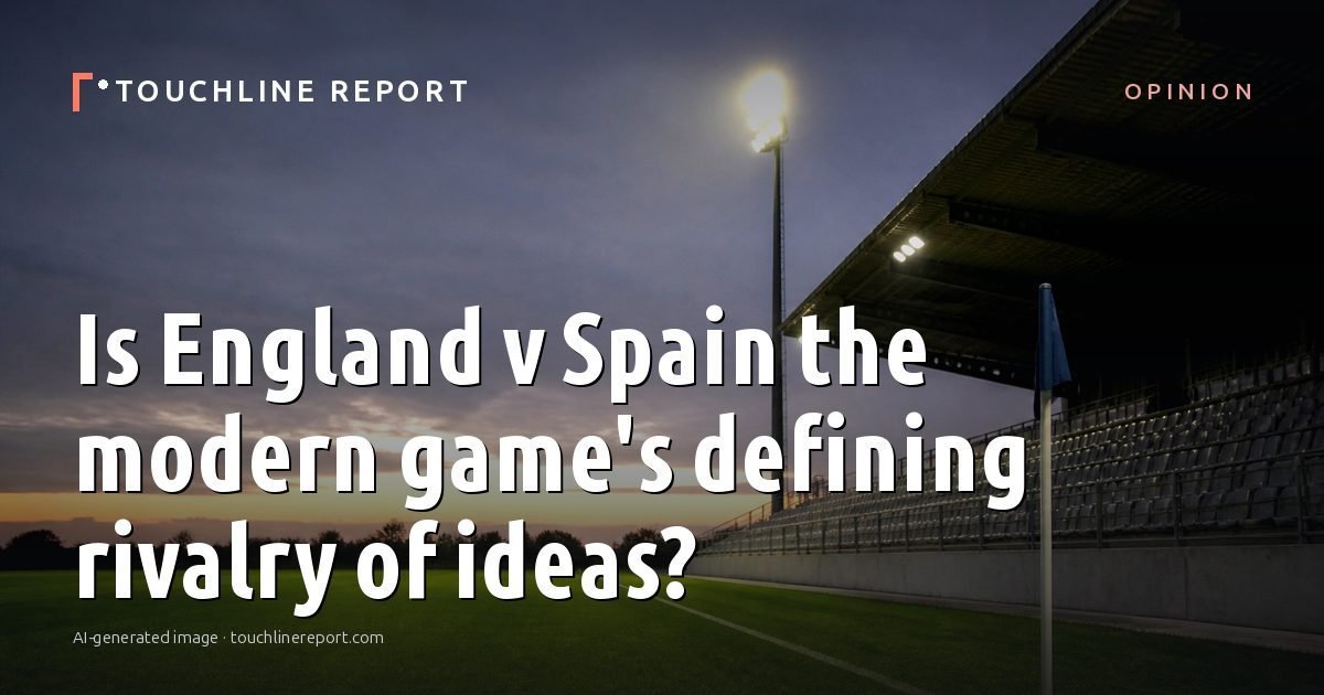 Illustration for the Opinion article “Is England v Spain the modern game's defining rivalry of ideas?”: an AI-generated editorial illustration showing an empty training ground at dawn with cones and markers laid out, with the headline set over it. Illustrative only, not a photograph of a real event.