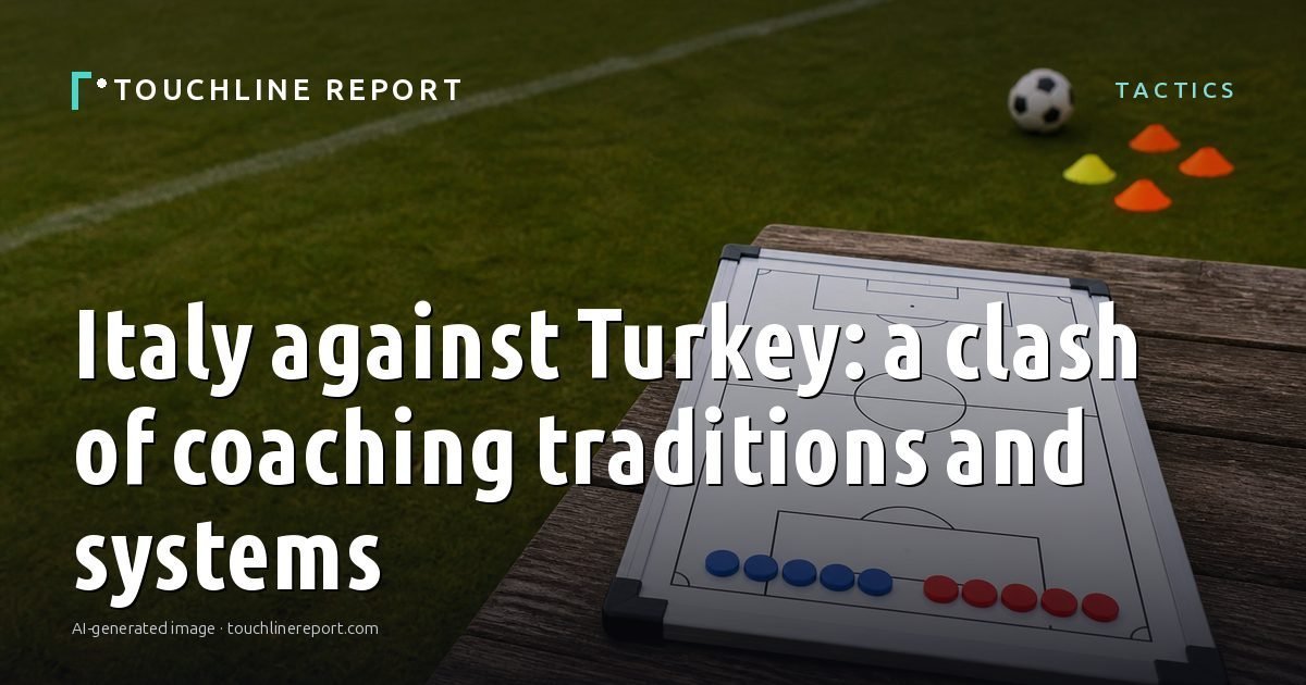 Illustration for the Tactics article “Italy against Turkey: a clash of coaching traditions and systems”: an AI-generated editorial illustration showing an empty training ground at dawn with cones and markers laid out, with the headline set over it. Illustrative only, not a photograph of a real event.
