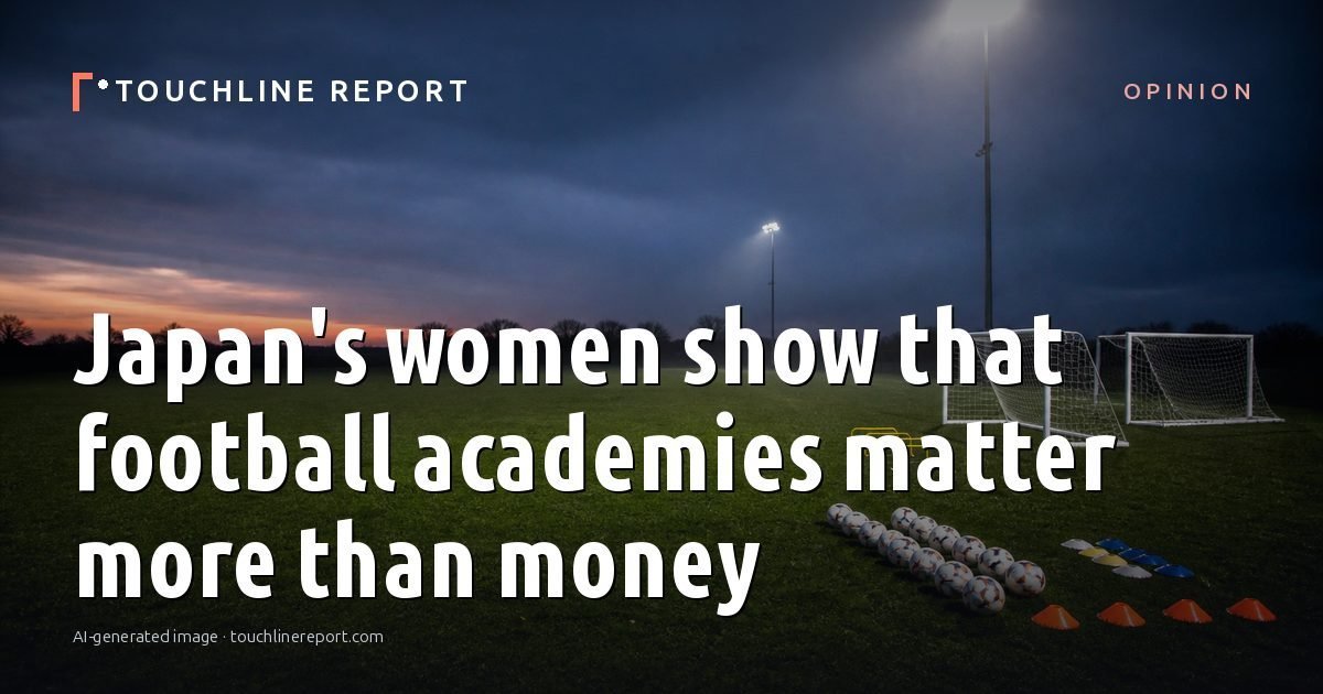 Illustration for the Opinion article “Japan's women show that football academies matter more than money”: an AI-generated editorial illustration showing an empty training ground at dawn with cones and markers laid out, with the headline set over it. Illustrative only, not a photograph of a real event.