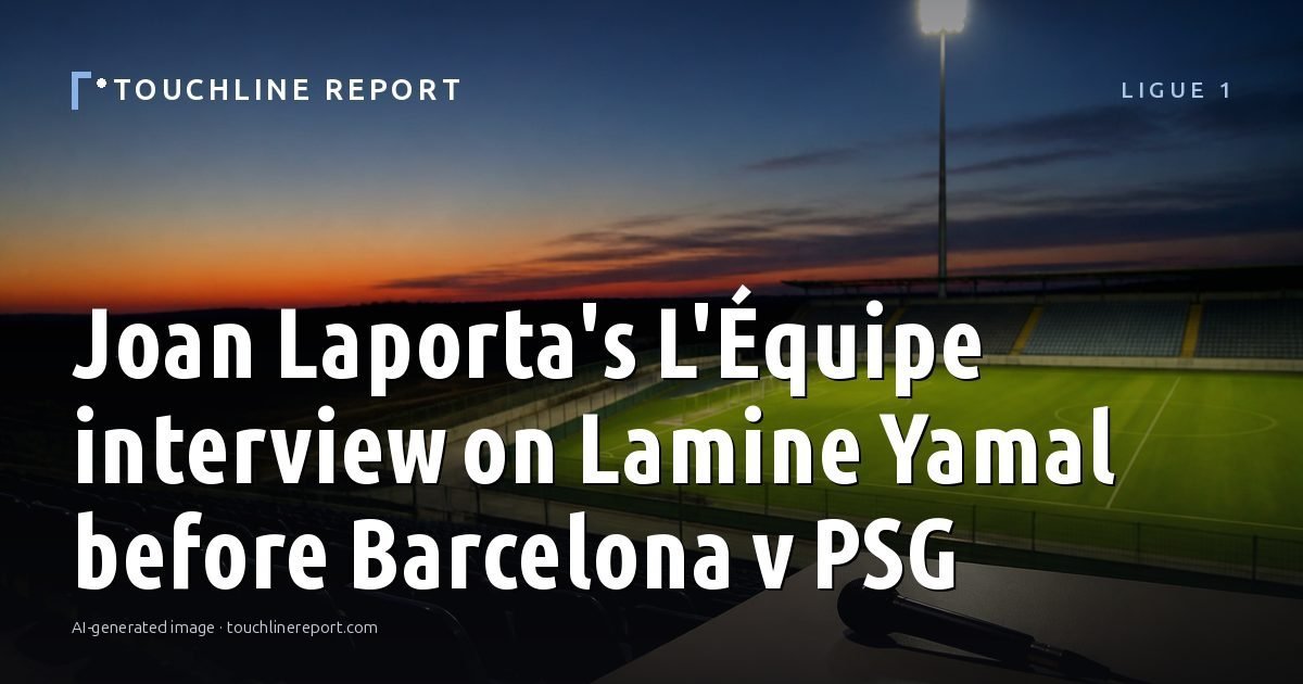 Illustration for the Ligue 1 article “Joan Laporta's L'Équipe interview on Lamine Yamal before Barcelona v PSG”: an AI-generated editorial illustration showing an empty training ground at dawn with cones and markers laid out, with the headline set over it. Illustrative only, not a photograph of a real event.