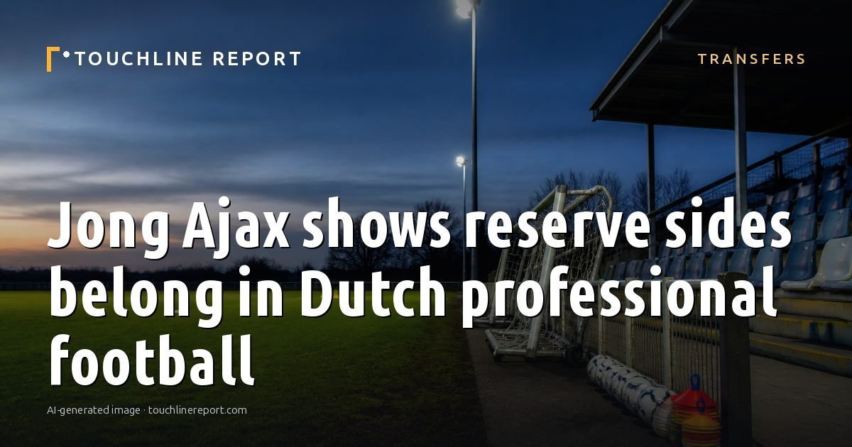 Illustration for the Transfers article “Jong Ajax shows reserve sides belong in Dutch professional football”: an AI-generated editorial illustration showing an empty training ground at dawn with cones and markers laid out, with the headline set over it. Illustrative only, not a photograph of a real event.
