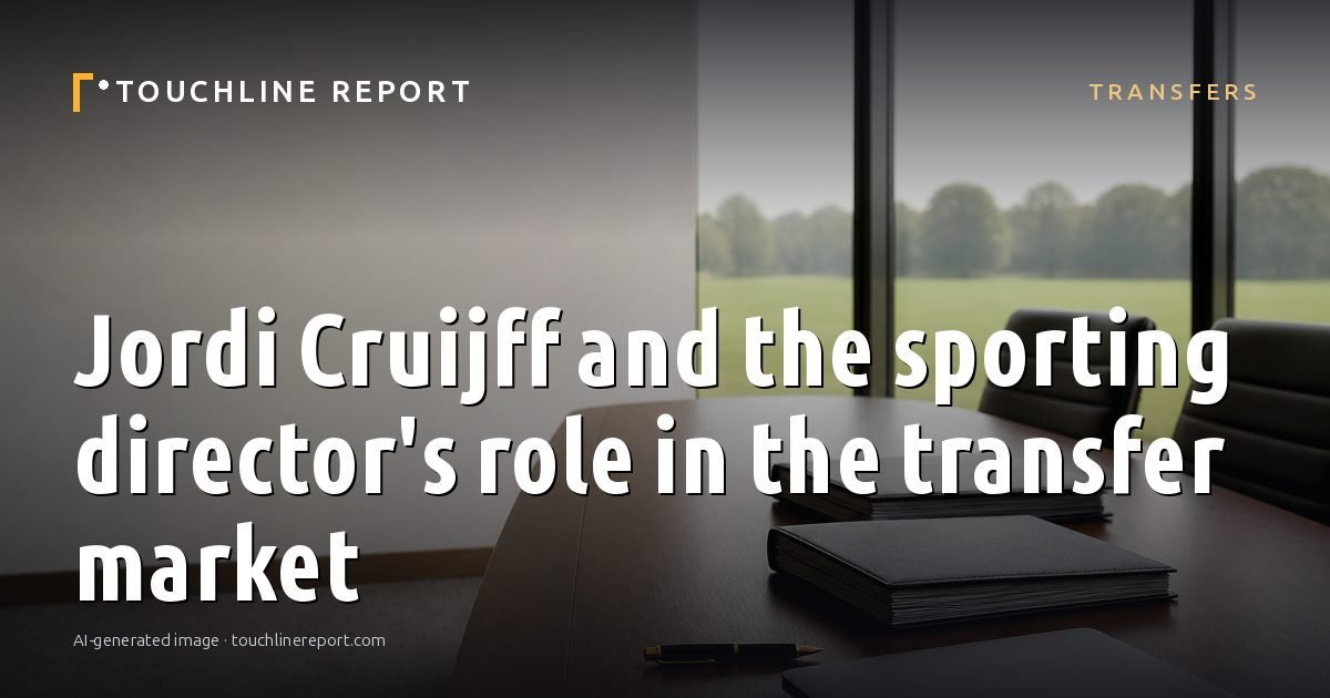 Illustration for the Transfers article “Jordi Cruijff and the sporting director's role in the transfer market”: an AI-generated editorial illustration showing an empty training ground at dawn with cones and markers laid out, with the headline set over it. Illustrative only, not a photograph of a real event.