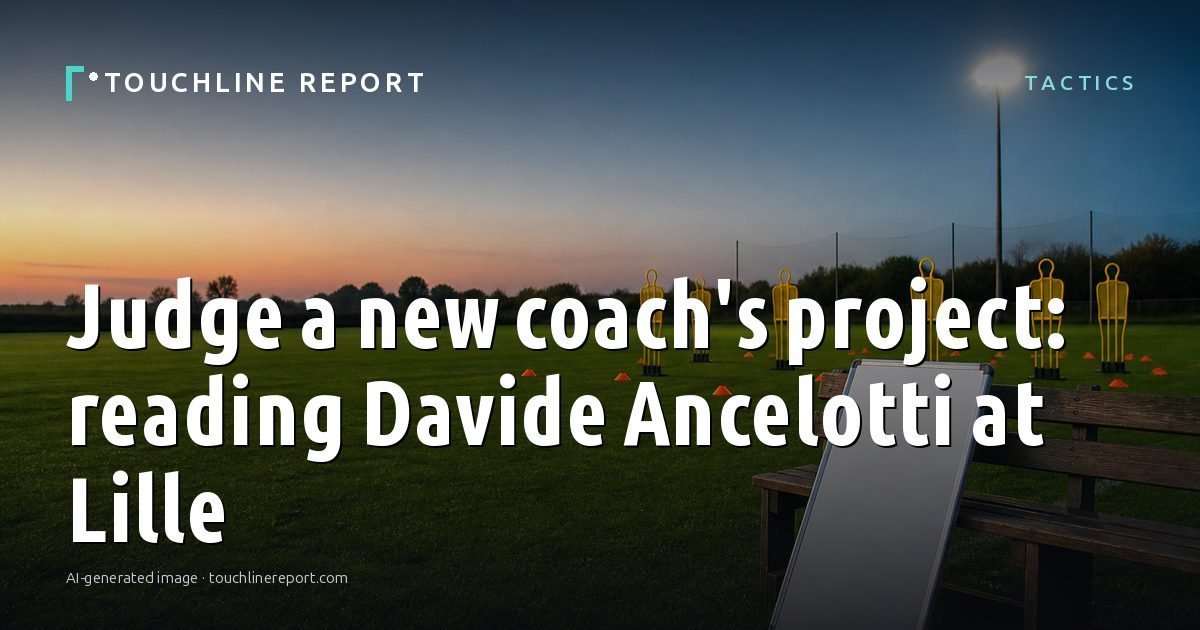 Illustration for the Tactics article “Judge a new coach's project: reading Davide Ancelotti at Lille”: an AI-generated editorial illustration showing a scene illustrating the subject of the article, with the headline set over it. Illustrative only, not a photograph of a real event.
