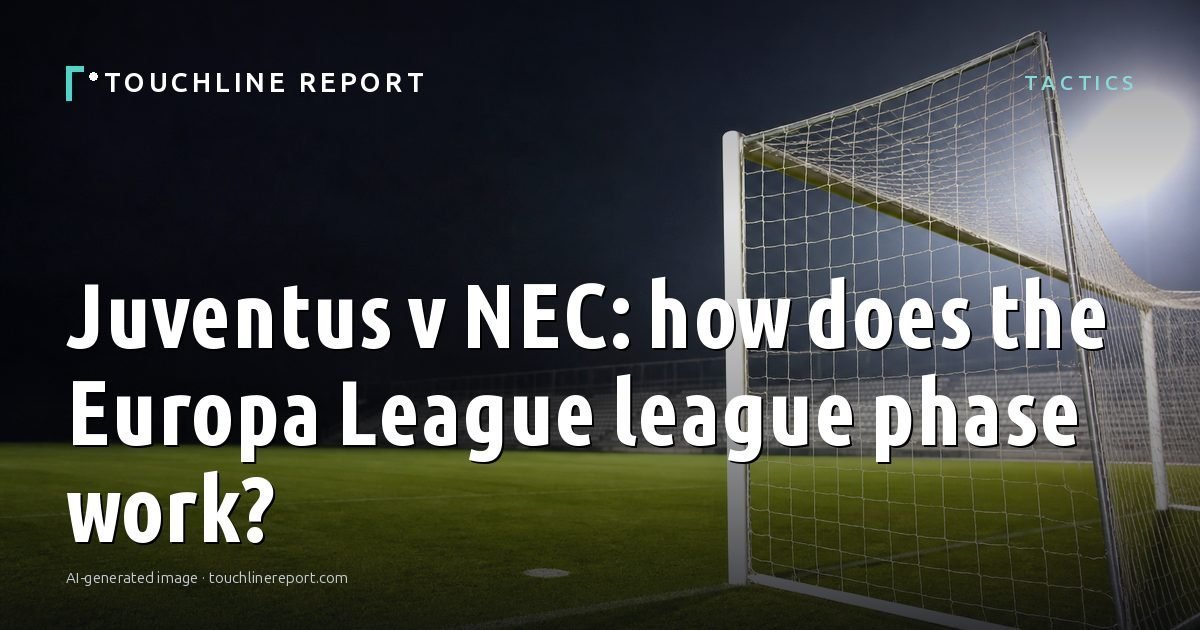 Illustration for the Tactics article “Juventus v NEC: how does the Europa League league phase work?”: an AI-generated editorial illustration showing a scene illustrating the subject of the article, with the headline set over it. Illustrative only, not a photograph of a real event.