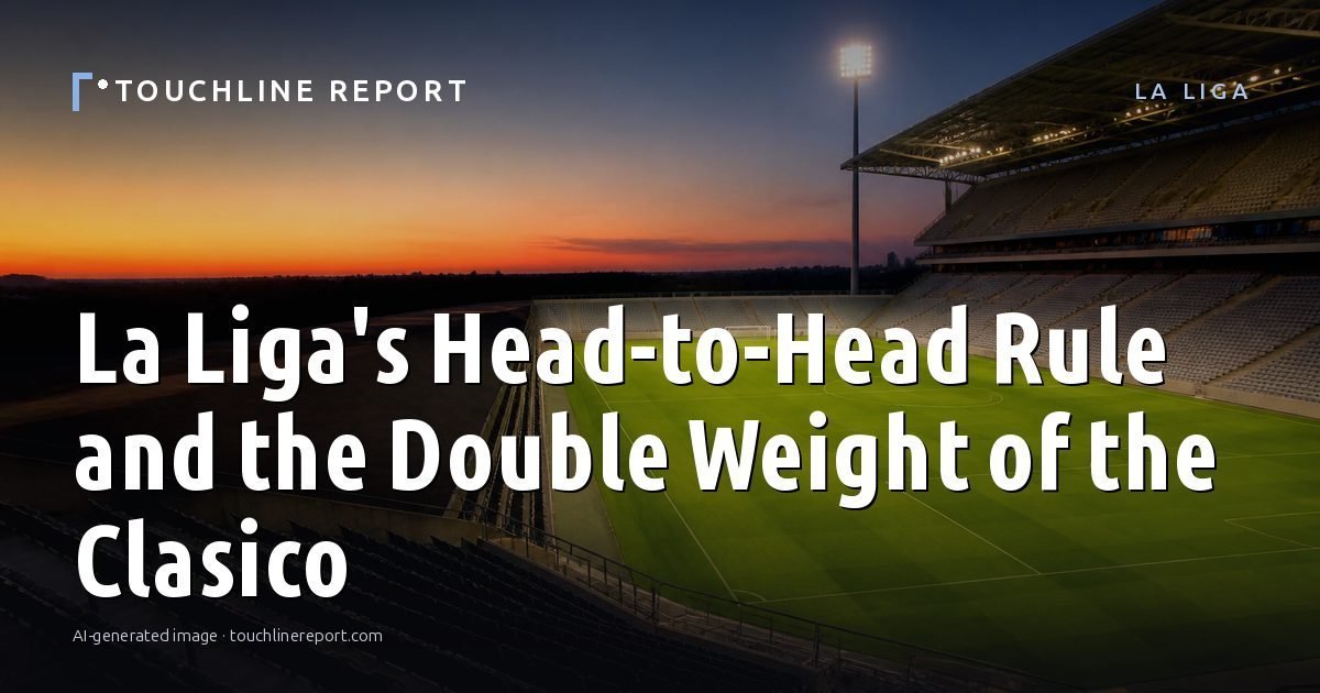 Illustration for the La Liga article “La Liga's Head-to-Head Rule and the Double Weight of the Clasico”: an AI-generated editorial illustration showing a scene illustrating the subject of the article, with the headline set over it. Illustrative only, not a photograph of a real event.