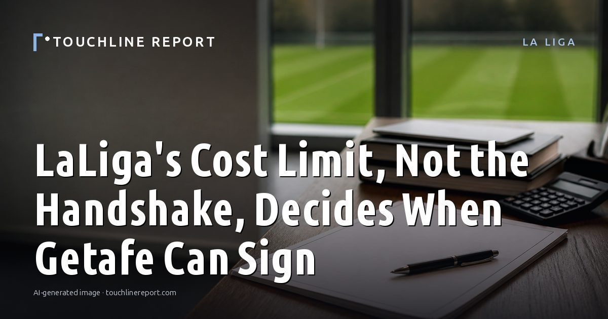 Illustration for the La Liga article “LaLiga's Cost Limit, Not the Handshake, Decides When Getafe Can Sign”: an AI-generated editorial illustration showing an empty training ground at dawn with cones and markers laid out, with the headline set over it. Illustrative only, not a photograph of a real event.