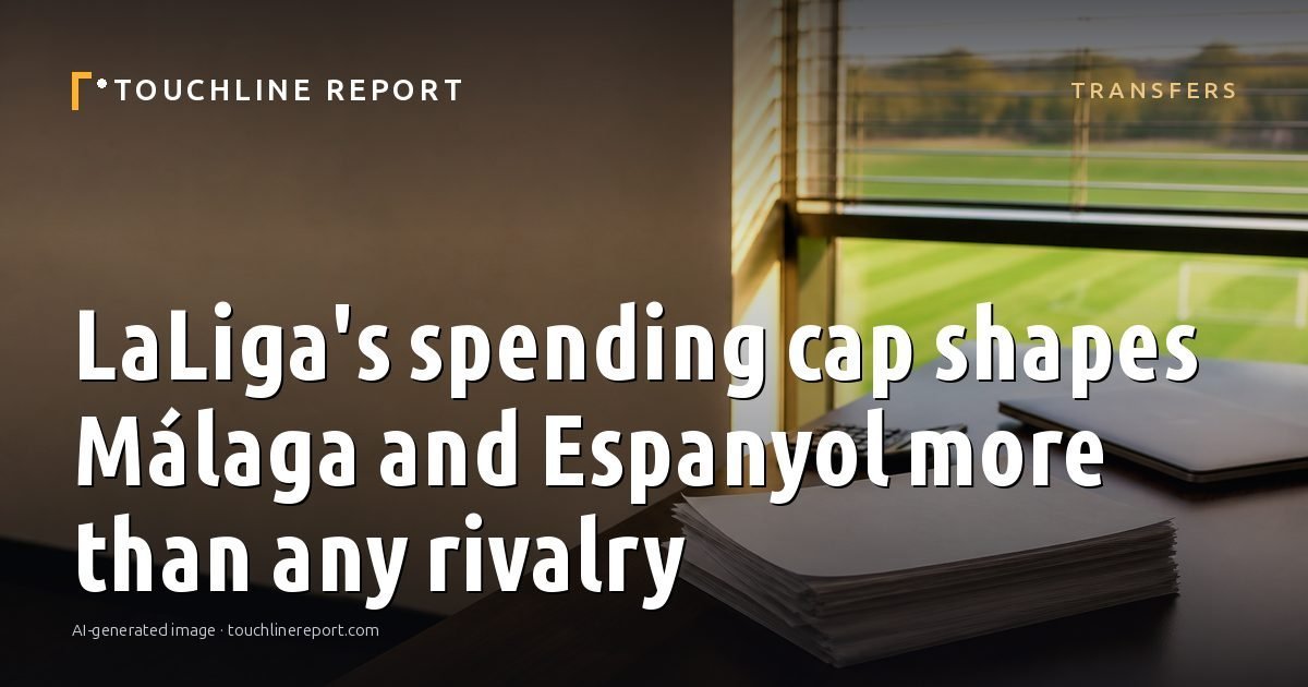 Illustration for the Transfers article “LaLiga's spending cap shapes Málaga and Espanyol more than any rivalry”: an AI-generated editorial illustration showing an empty training ground at dawn with cones and markers laid out, with the headline set over it. Illustrative only, not a photograph of a real event.