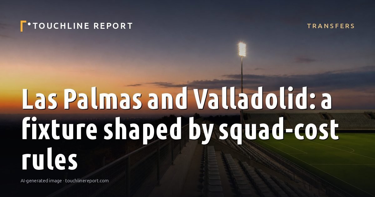 Illustration for the Transfers article “Las Palmas and Valladolid: a fixture shaped by squad-cost rules”: an AI-generated editorial illustration showing a scene illustrating the subject of the article, with the headline set over it. Illustrative only, not a photograph of a real event.