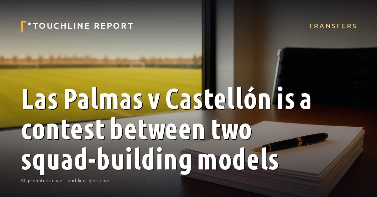 Illustration for the Transfers article “Las Palmas v Castellón is a contest between two squad-building models”: an AI-generated editorial illustration showing an empty training ground at dawn with cones and markers laid out, with the headline set over it. Illustrative only, not a photograph of a real event.