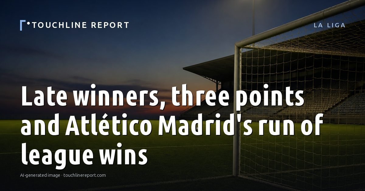 Illustration for the La Liga article “Late winners, three points and Atlético Madrid's run of league wins”: an AI-generated editorial illustration showing a scene illustrating the subject of the article, with the headline set over it. Illustrative only, not a photograph of a real event.