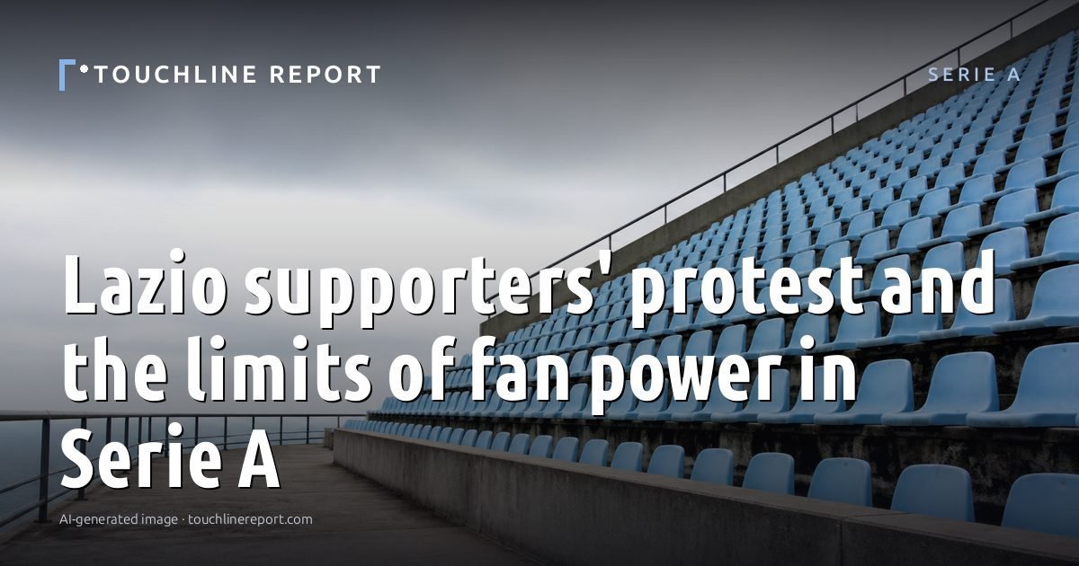 Illustration for the Serie A article “Lazio supporters' protest and the limits of fan power in Serie A”: an AI-generated editorial illustration showing an empty training ground at dawn with cones and markers laid out, with the headline set over it. Illustrative only, not a photograph of a real event.