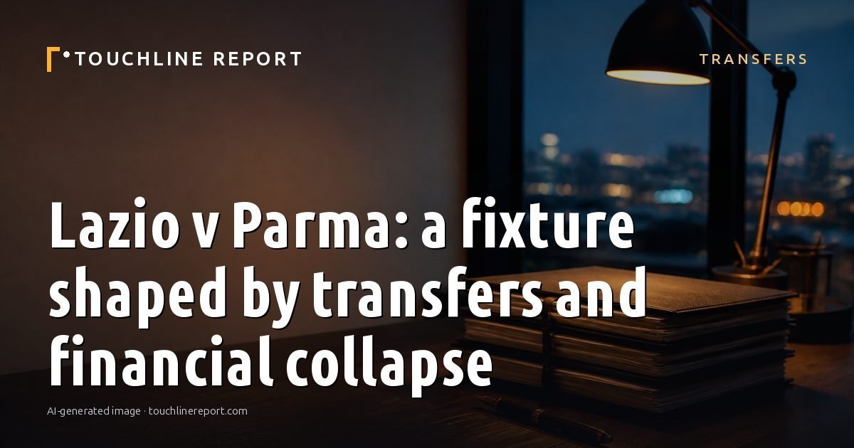 Illustration for the Transfers article “Lazio v Parma: a fixture shaped by transfers and financial collapse”: an AI-generated editorial illustration showing a scene illustrating the subject of the article, with the headline set over it. Illustrative only, not a photograph of a real event.