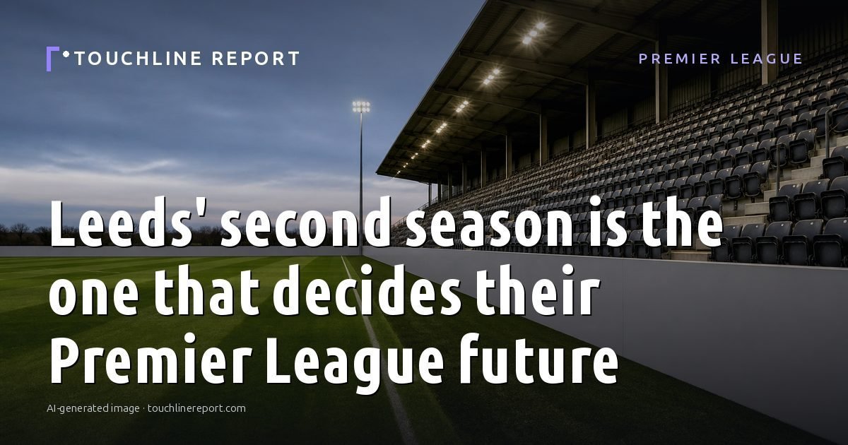 Illustration for the Premier League article “Leeds' second season is the one that decides their Premier League future”: an AI-generated editorial illustration showing a scene illustrating the subject of the article, with the headline set over it. Illustrative only, not a photograph of a real event.