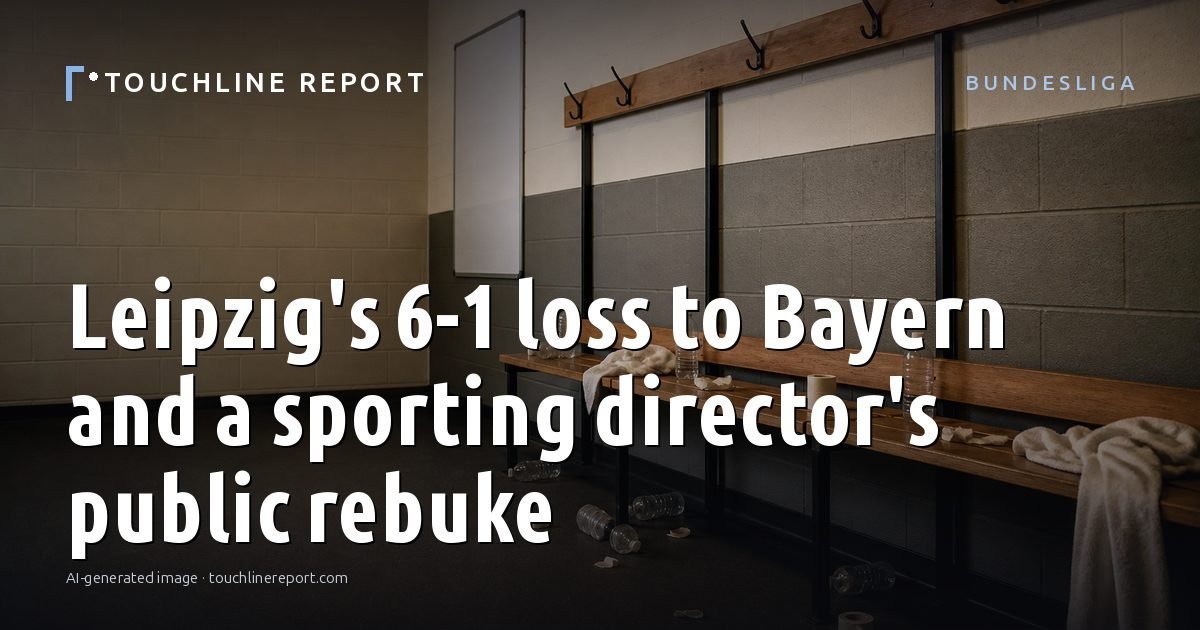 Illustration for the Bundesliga article “Leipzig's 6-1 loss to Bayern and a sporting director's public rebuke”: an AI-generated editorial illustration showing a scene illustrating the subject of the article, with the headline set over it. Illustrative only, not a photograph of a real event.