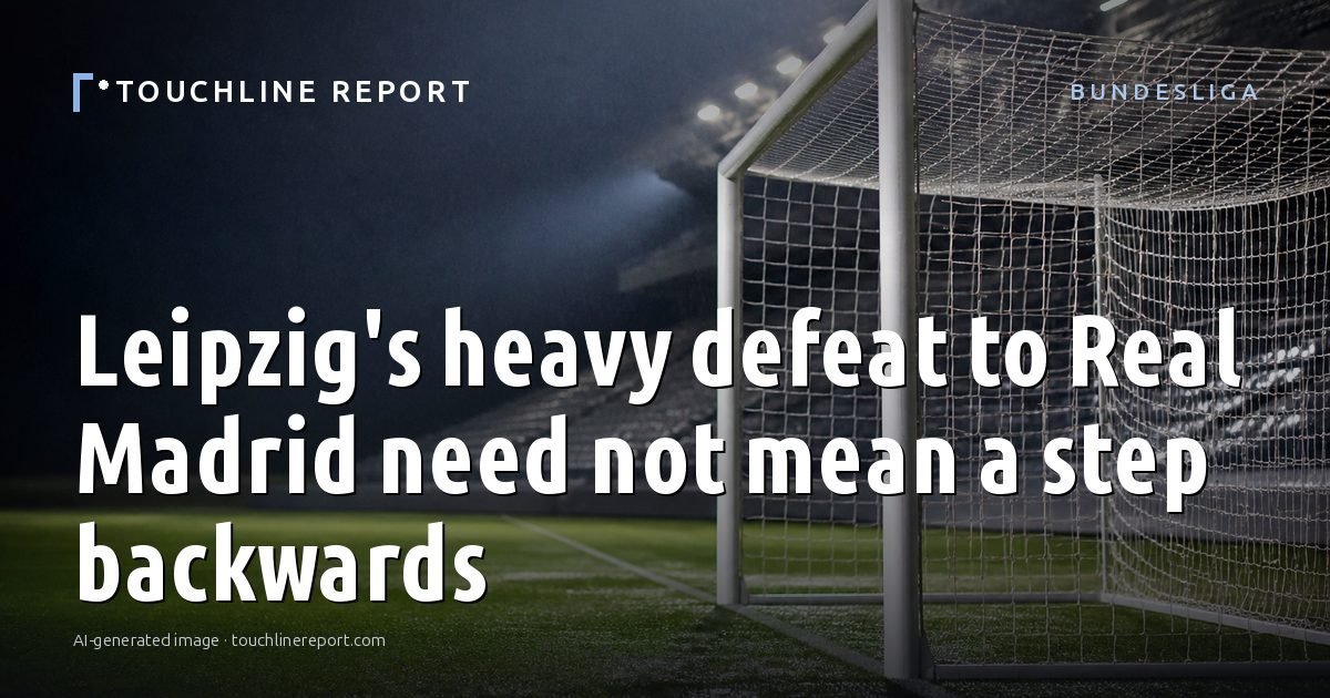 Illustration for the Bundesliga article “Leipzig's heavy defeat to Real Madrid need not mean a step backwards”: an AI-generated editorial illustration showing a scene illustrating the subject of the article, with the headline set over it. Illustrative only, not a photograph of a real event.