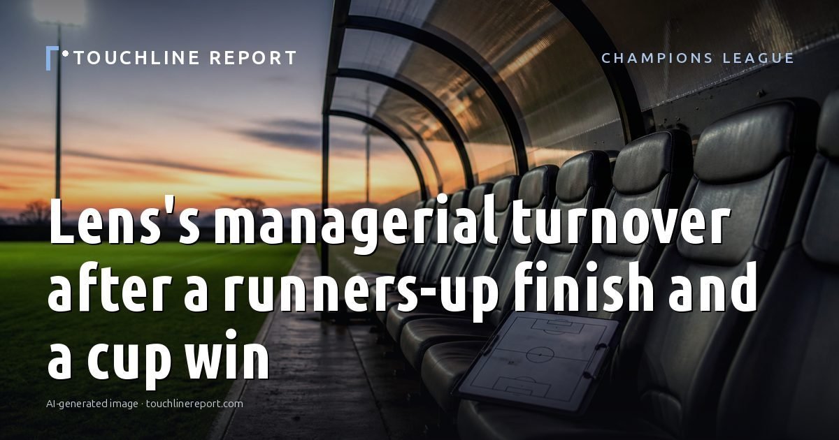 Illustration for the Champions League article “Lens's managerial turnover after a runners-up finish and a cup win”: an AI-generated editorial illustration showing a scene illustrating the subject of the article, with the headline set over it. Illustrative only, not a photograph of a real event.