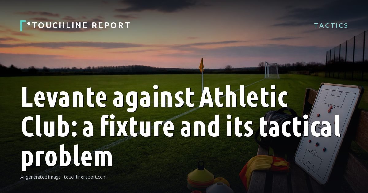 Illustration for the Tactics article “Levante against Athletic Club: a fixture and its tactical problem”: an AI-generated editorial illustration showing an empty training ground at dawn with cones and markers laid out, with the headline set over it. Illustrative only, not a photograph of a real event.