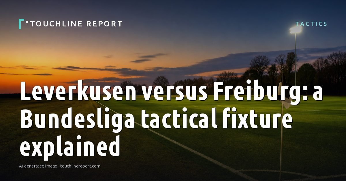Illustration for the Tactics article “Leverkusen versus Freiburg: a Bundesliga tactical fixture explained”: an AI-generated editorial illustration showing an empty training ground at dawn with cones and markers laid out, with the headline set over it. Illustrative only, not a photograph of a real event.