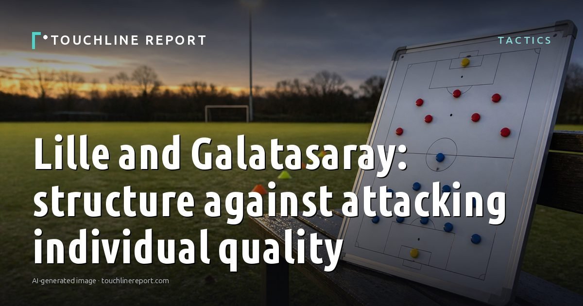 Illustration for the Tactics article “Lille and Galatasaray: structure against attacking individual quality”: an AI-generated editorial illustration showing a scene illustrating the subject of the article, with the headline set over it. Illustrative only, not a photograph of a real event.