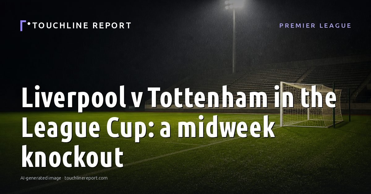Illustration for the Premier League article “Liverpool v Tottenham in the League Cup: a midweek knockout”: an AI-generated editorial illustration showing an empty training ground at dawn with cones and markers laid out, with the headline set over it. Illustrative only, not a photograph of a real event.