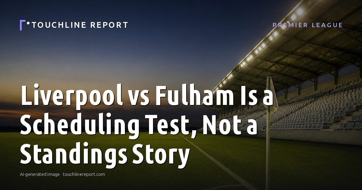 Illustration for the Premier League article “Liverpool vs Fulham Is a Scheduling Test, Not a Standings Story”: an AI-generated editorial illustration showing an empty training ground at dawn with cones and markers laid out, with the headline set over it. Illustrative only, not a photograph of a real event.