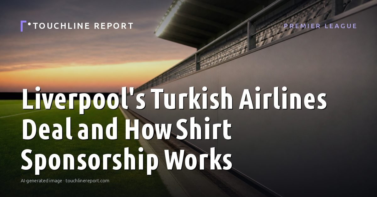 Illustration for the Premier League article “Liverpool's Turkish Airlines Deal and How Shirt Sponsorship Works”: an AI-generated editorial illustration showing a scene illustrating the subject of the article, with the headline set over it. Illustrative only, not a photograph of a real event.