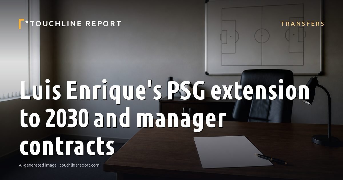 Illustration for the Transfers article “Luis Enrique's PSG extension to 2030 and manager contracts”: an AI-generated editorial illustration showing a scene illustrating the subject of the article, with the headline set over it. Illustrative only, not a photograph of a real event.
