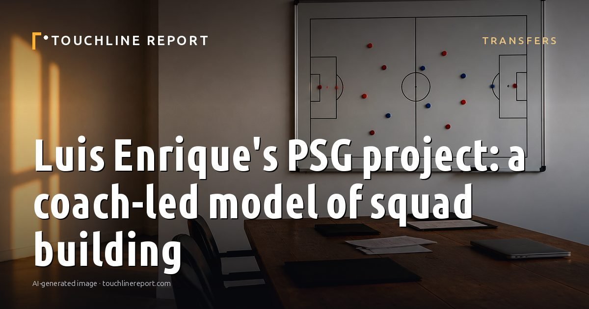 Illustration for the Transfers article “Luis Enrique's PSG project: a coach-led model of squad building”: an AI-generated editorial illustration showing a scene illustrating the subject of the article, with the headline set over it. Illustrative only, not a photograph of a real event.