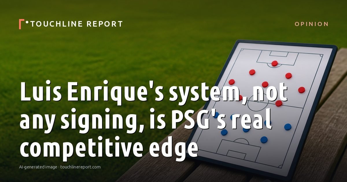 Illustration for the Opinion article “Luis Enrique's system, not any signing, is PSG's real competitive edge”: an AI-generated editorial illustration showing a scene illustrating the subject of the article, with the headline set over it. Illustrative only, not a photograph of a real event.