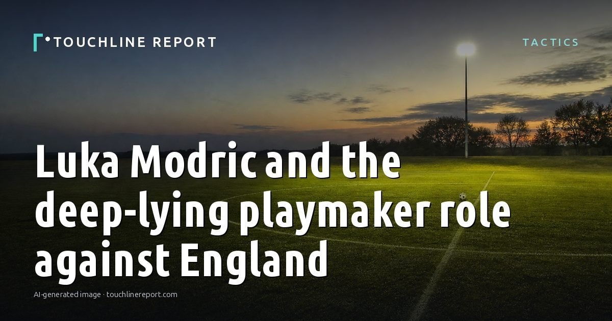Illustration for the Tactics article “Luka Modric and the deep-lying playmaker role against England”: an AI-generated editorial illustration showing an empty training ground at dawn with cones and markers laid out, with the headline set over it. Illustrative only, not a photograph of a real event.