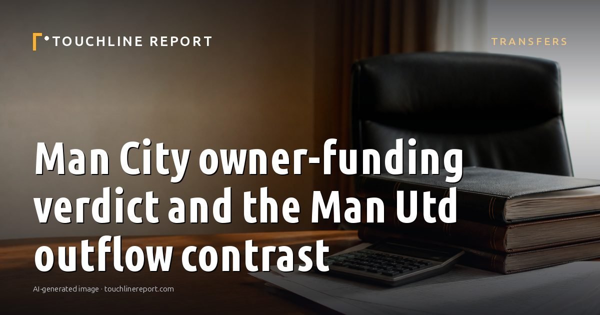 Illustration for the Transfers article “Man City owner-funding verdict and the Man Utd outflow contrast”: an AI-generated editorial illustration showing an empty training ground at dawn with cones and markers laid out, with the headline set over it. Illustrative only, not a photograph of a real event.