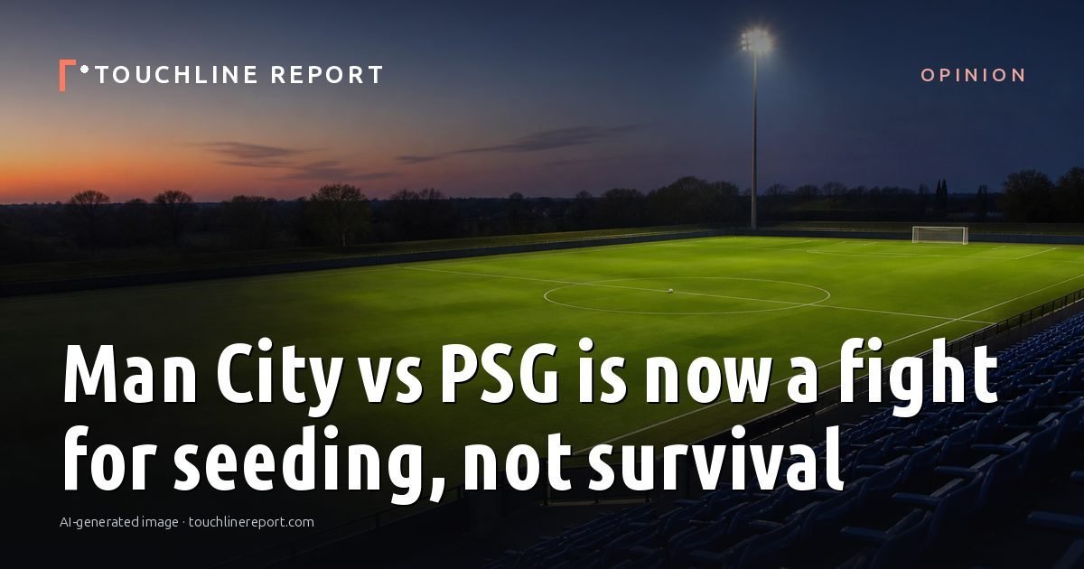 Illustration for the Opinion article “Man City vs PSG is now a fight for seeding, not survival”: an AI-generated editorial illustration showing an empty training ground at dawn with cones and markers laid out, with the headline set over it. Illustrative only, not a photograph of a real event.
