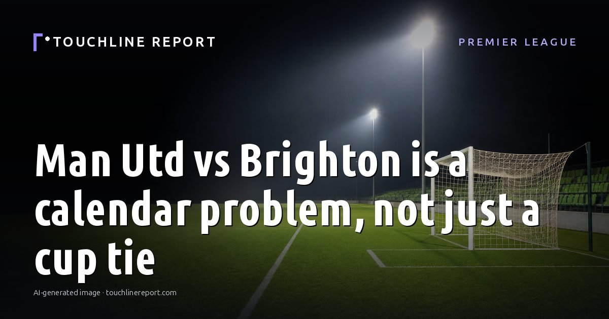 Illustration for the Premier League article “Man Utd vs Brighton is a calendar problem, not just a cup tie”: an AI-generated editorial illustration showing an empty training ground at dawn with cones and markers laid out, with the headline set over it. Illustrative only, not a photograph of a real event.