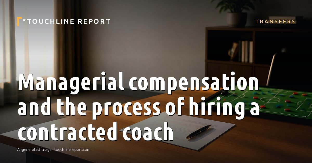 Illustration for the Transfers article “Managerial compensation and the process of hiring a contracted coach”: an AI-generated editorial illustration showing a scene illustrating the subject of the article, with the headline set over it. Illustrative only, not a photograph of a real event.