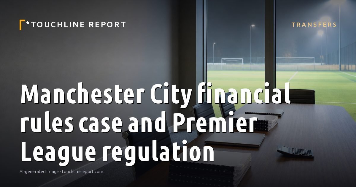 Illustration for the Transfers article “Manchester City financial rules case and Premier League regulation”: an AI-generated editorial illustration showing a scene illustrating the subject of the article, with the headline set over it. Illustrative only, not a photograph of a real event.