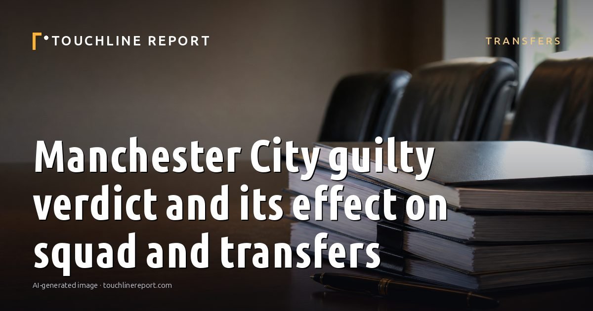 Illustration for the Transfers article “Manchester City guilty verdict and its effect on squad and transfers”: an AI-generated editorial illustration showing a scene illustrating the subject of the article, with the headline set over it. Illustrative only, not a photograph of a real event.