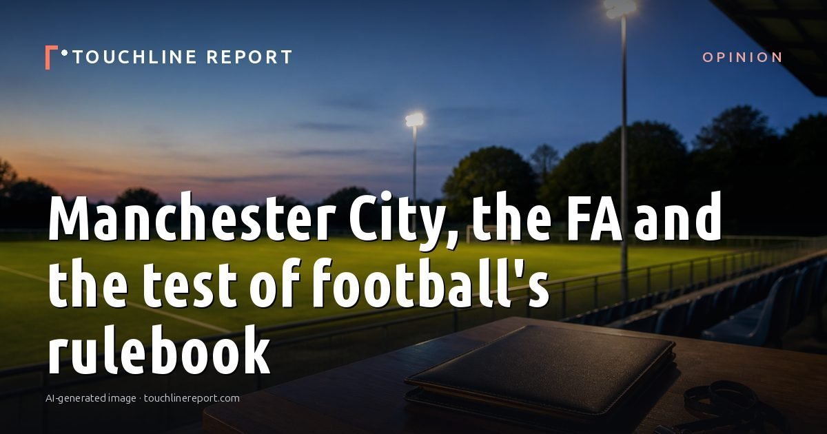 Illustration for the Opinion article “Manchester City, the FA and the test of football's rulebook”: an AI-generated editorial illustration showing an empty training ground at dawn with cones and markers laid out, with the headline set over it. Illustrative only, not a photograph of a real event.