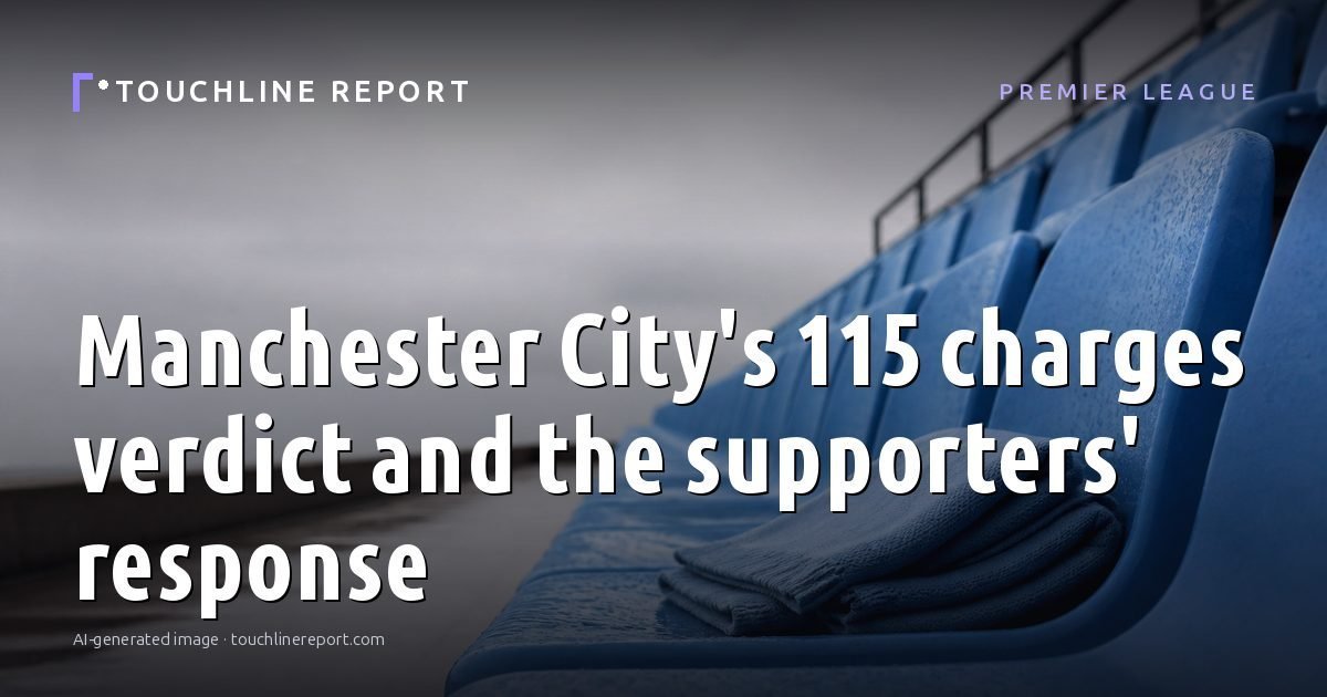 Illustration for the Premier League article “Manchester City's 115 charges verdict and the supporters' response”: an AI-generated editorial illustration showing an empty training ground at dawn with cones and markers laid out, with the headline set over it. Illustrative only, not a photograph of a real event.