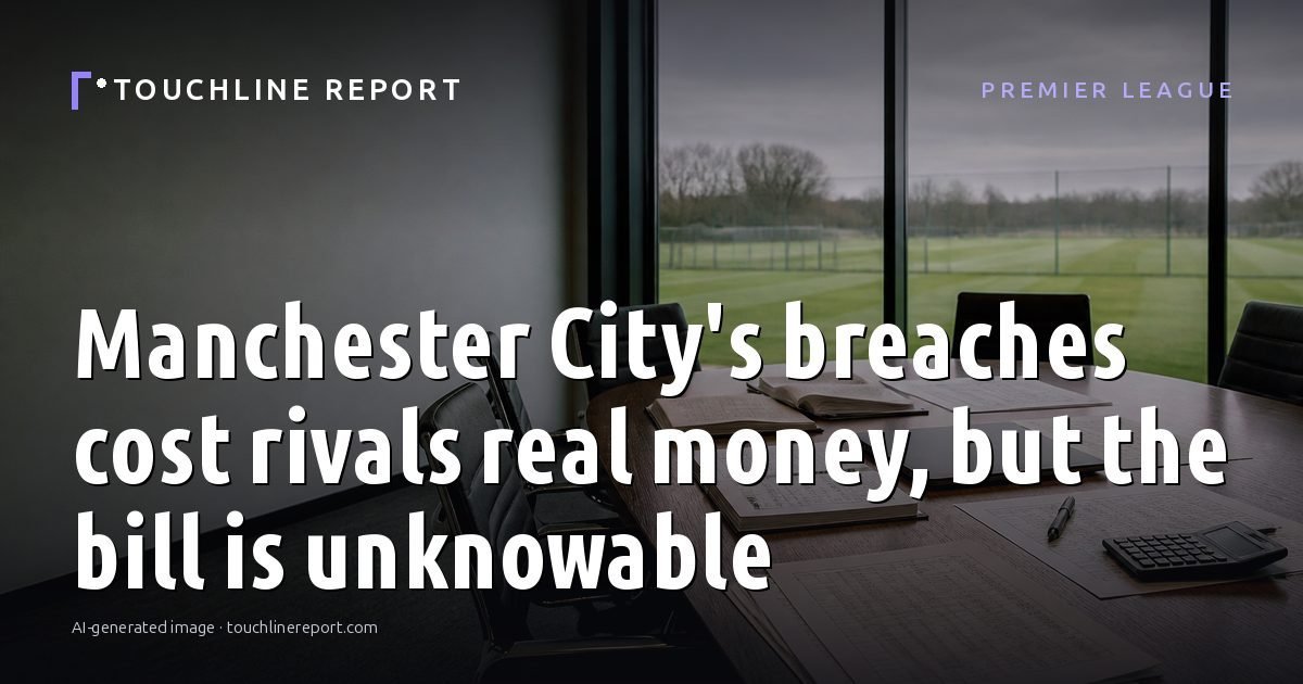 Illustration for the Premier League article “Manchester City's breaches cost rivals real money, but the bill is unknowable”: an AI-generated editorial illustration showing an empty training ground at dawn with cones and markers laid out, with the headline set over it. Illustrative only, not a photograph of a real event.