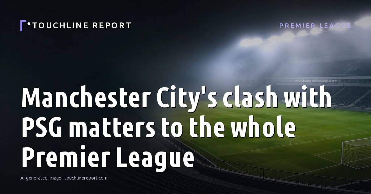 Illustration for the Premier League article “Manchester City's clash with PSG matters to the whole Premier League”: an AI-generated editorial illustration showing an empty training ground at dawn with cones and markers laid out, with the headline set over it. Illustrative only, not a photograph of a real event.