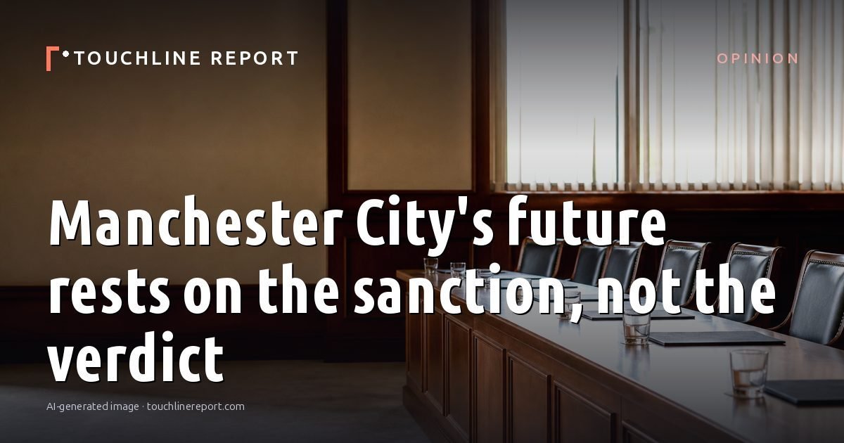 Illustration for the Opinion article “Manchester City's future rests on the sanction, not the verdict”: an AI-generated editorial illustration showing an empty training ground at dawn with cones and markers laid out, with the headline set over it. Illustrative only, not a photograph of a real event.