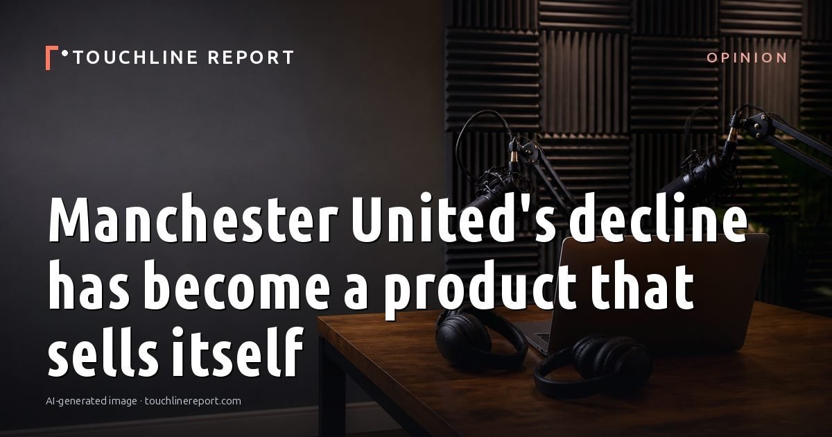 Illustration for the Opinion article “Manchester United's decline has become a product that sells itself”: an AI-generated editorial illustration showing an empty training ground at dawn with cones and markers laid out, with the headline set over it. Illustrative only, not a photograph of a real event.