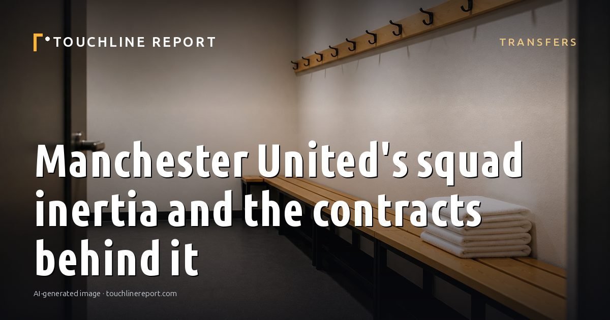 Illustration for the Transfers article “Manchester United's squad inertia and the contracts behind it”: an AI-generated editorial illustration showing a scene illustrating the subject of the article, with the headline set over it. Illustrative only, not a photograph of a real event.