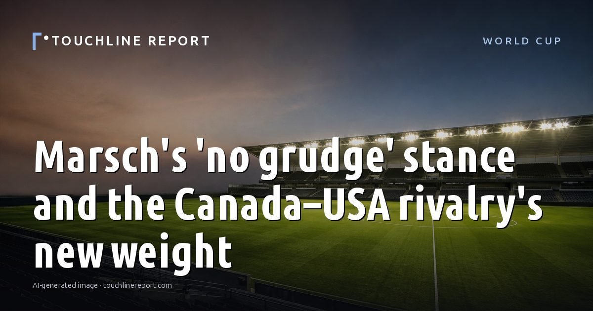 Illustration for the World Cup article “Marsch's 'no grudge' stance and the Canada–USA rivalry's new weight”: an AI-generated editorial illustration showing the layered rock terraces of the Martian surface with tracks curving up the slope, with the headline set over it. Illustrative only, not a photograph of a real event.