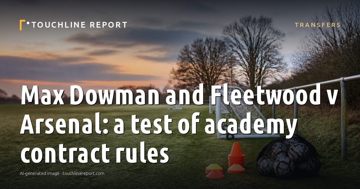 Illustration for the Transfers article “Max Dowman and Fleetwood v Arsenal: a test of academy contract rules”: an AI-generated editorial illustration showing an empty training ground at dawn with cones and markers laid out, with the headline set over it. Illustrative only, not a photograph of a real event.