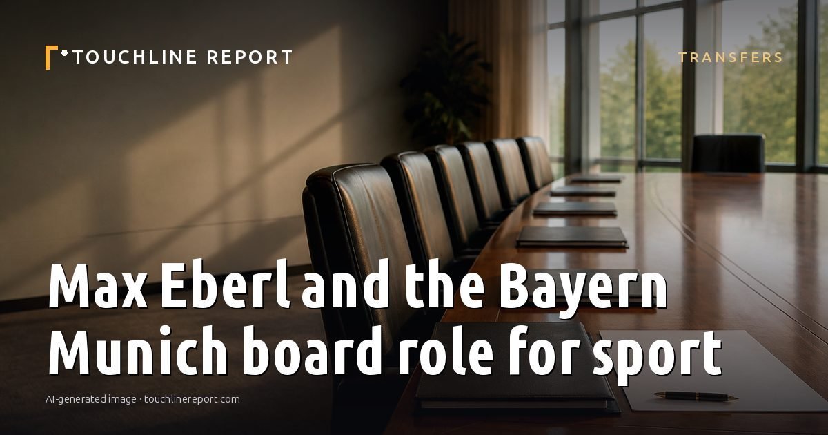 Illustration for the Transfers article “Max Eberl and the Bayern Munich board role for sport”: an AI-generated editorial illustration showing a scene illustrating the subject of the article, with the headline set over it. Illustrative only, not a photograph of a real event.