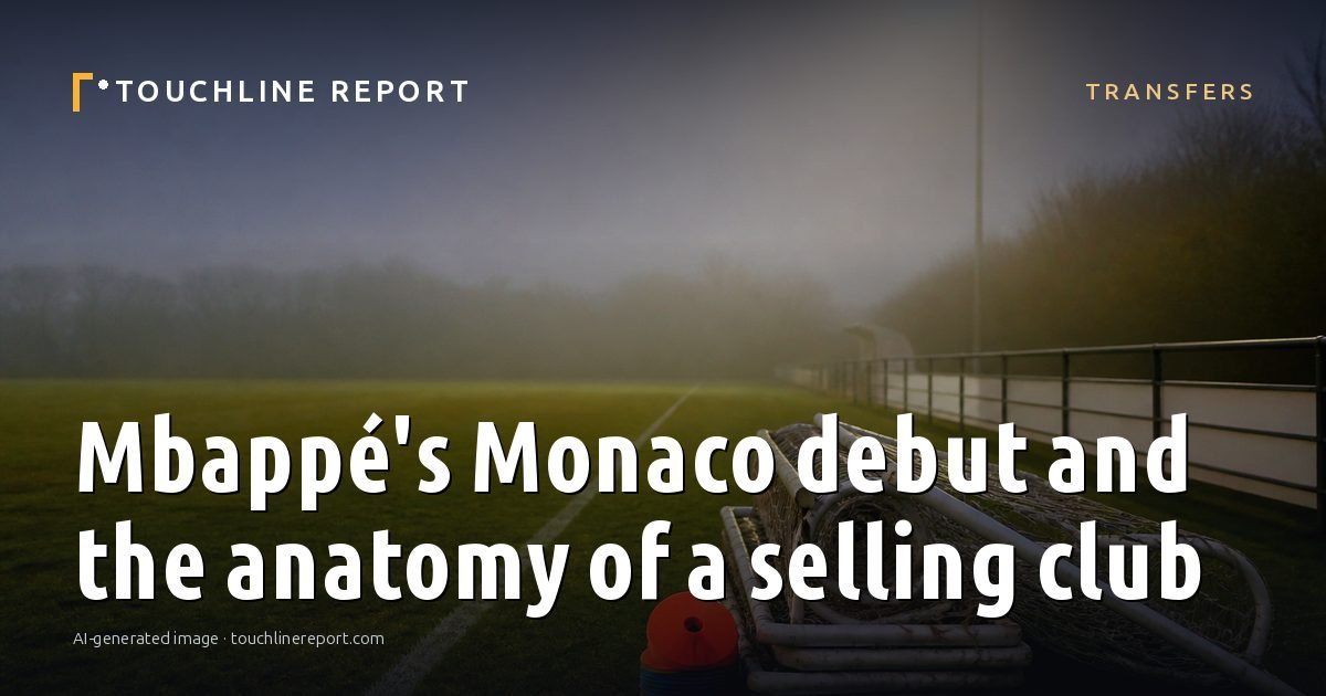Illustration for the Transfers article “Mbappé's Monaco debut and the anatomy of a selling club”: an AI-generated editorial illustration showing an empty training ground at dawn with cones and markers laid out, with the headline set over it. Illustrative only, not a photograph of a real event.