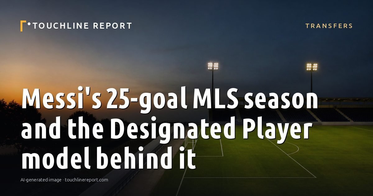 Illustration for the Transfers article “Messi's 25-goal MLS season and the Designated Player model behind it”: an AI-generated editorial illustration showing a scene illustrating the subject of the article, with the headline set over it. Illustrative only, not a photograph of a real event.